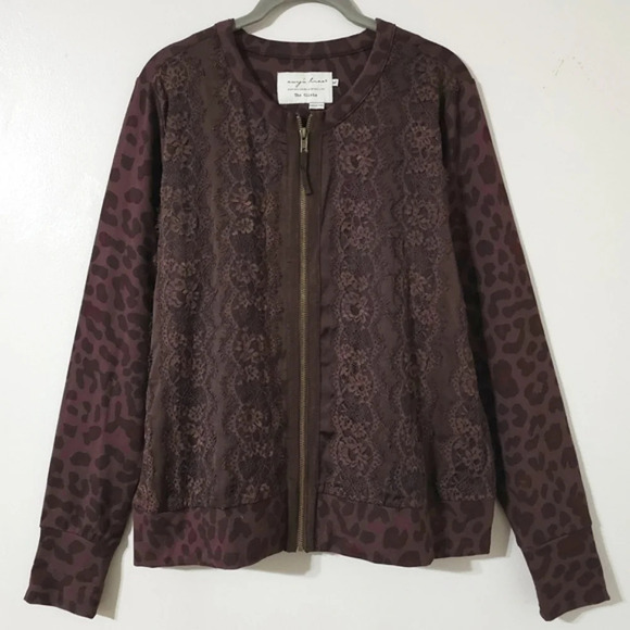 EVY'S TREE Leopars Knit Pieced Jacket, Lace Front Panel, Chocolate Brown, XL - Picture 4 of 16